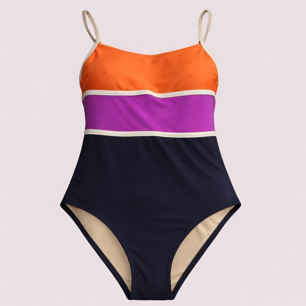 Kona Sol Colorblock One Piece Swimsuit Orange Pink Navy M